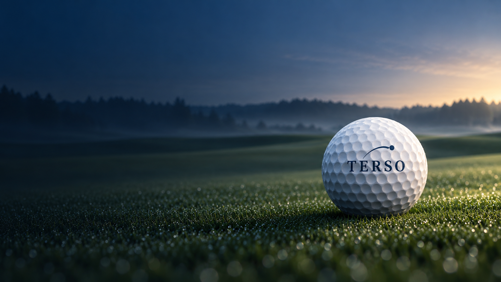 Weisser TERSO-Golfball auf einem taufrischen Golfplatz im Morgenlicht